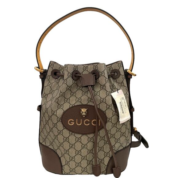 New GUCCI Neo Vintage GG Supreme Bucket Backpack Tiger Head Logo Drawstring Tan - Picture 1 of 16